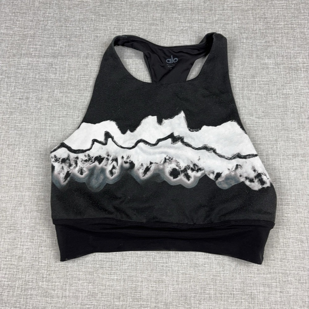 Alo Yoga Sports Bra Womens Small Black White Mountain Print Racerback Crop Top